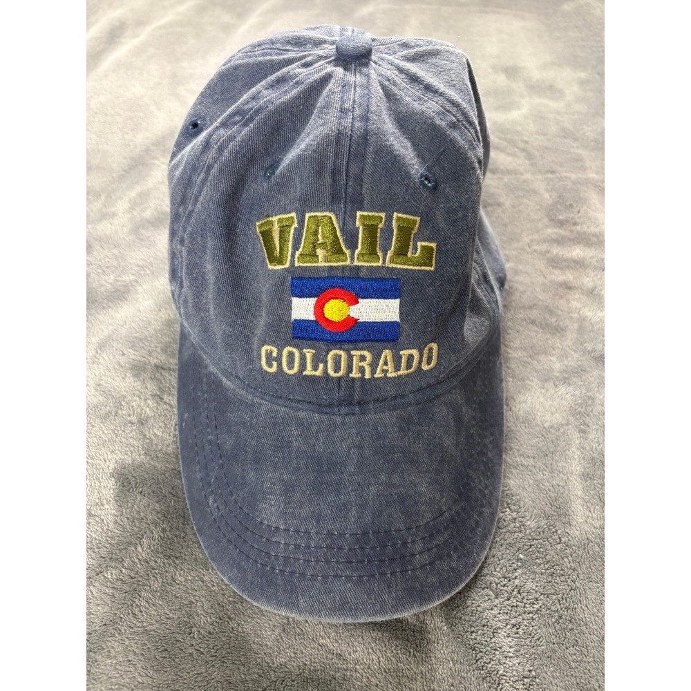 Lucky 7 USA Unisex Vail Colorado Flag Baseball Cap OSFM Blue Washed Denim Hat